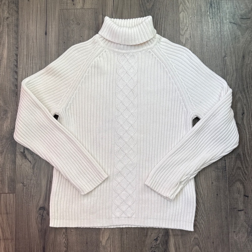 NORTONSTUDIO Cable Knit Turtleneck Sweater Cream Ribbed Cotton Women's Size‎ L
